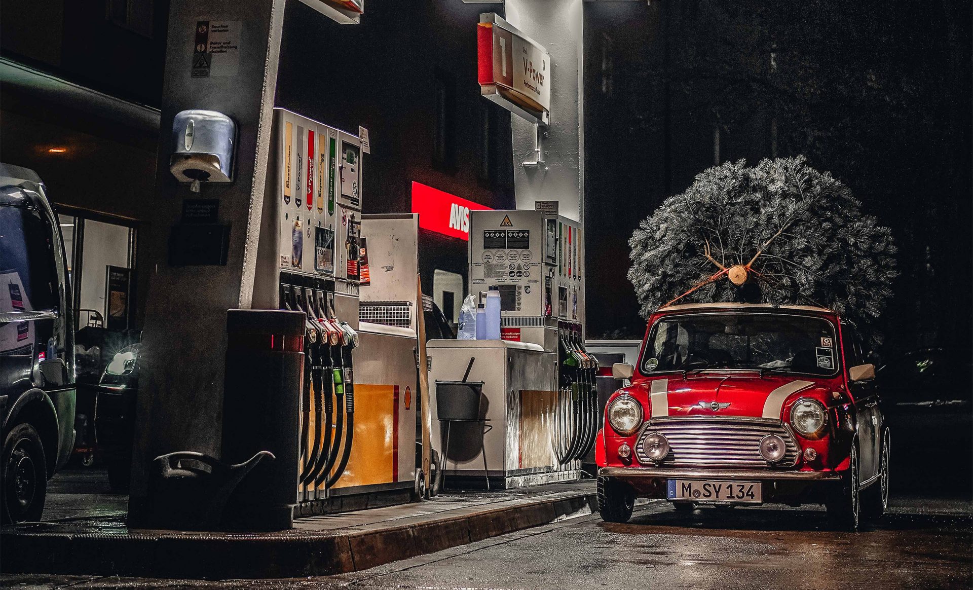 Classic Mini on petrol station